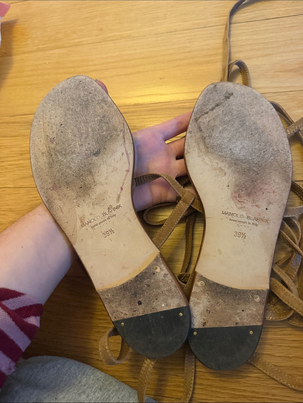 Manolo Blahnik Tan Leather Lace-Up Flat Sandals - Picture 5 of 5